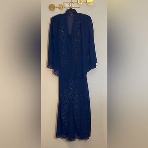R&M Richards Dark Blue Beaded Evening Gown